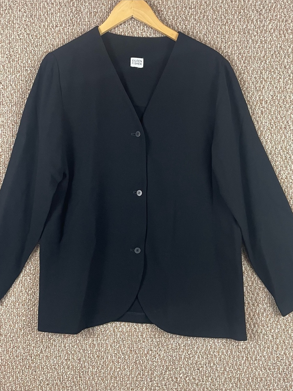 Eileen Fisher Jacket Womens M/L 100% Wool Black Small 3 Button Made in USA 19